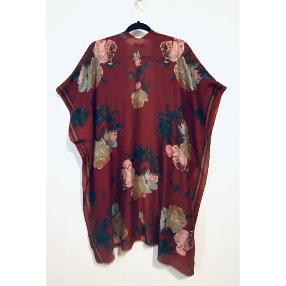 Woven Heart Kimono Top Womens One Size Red Floral Gold Metallic Fringe Boho - Picture 5 of 9